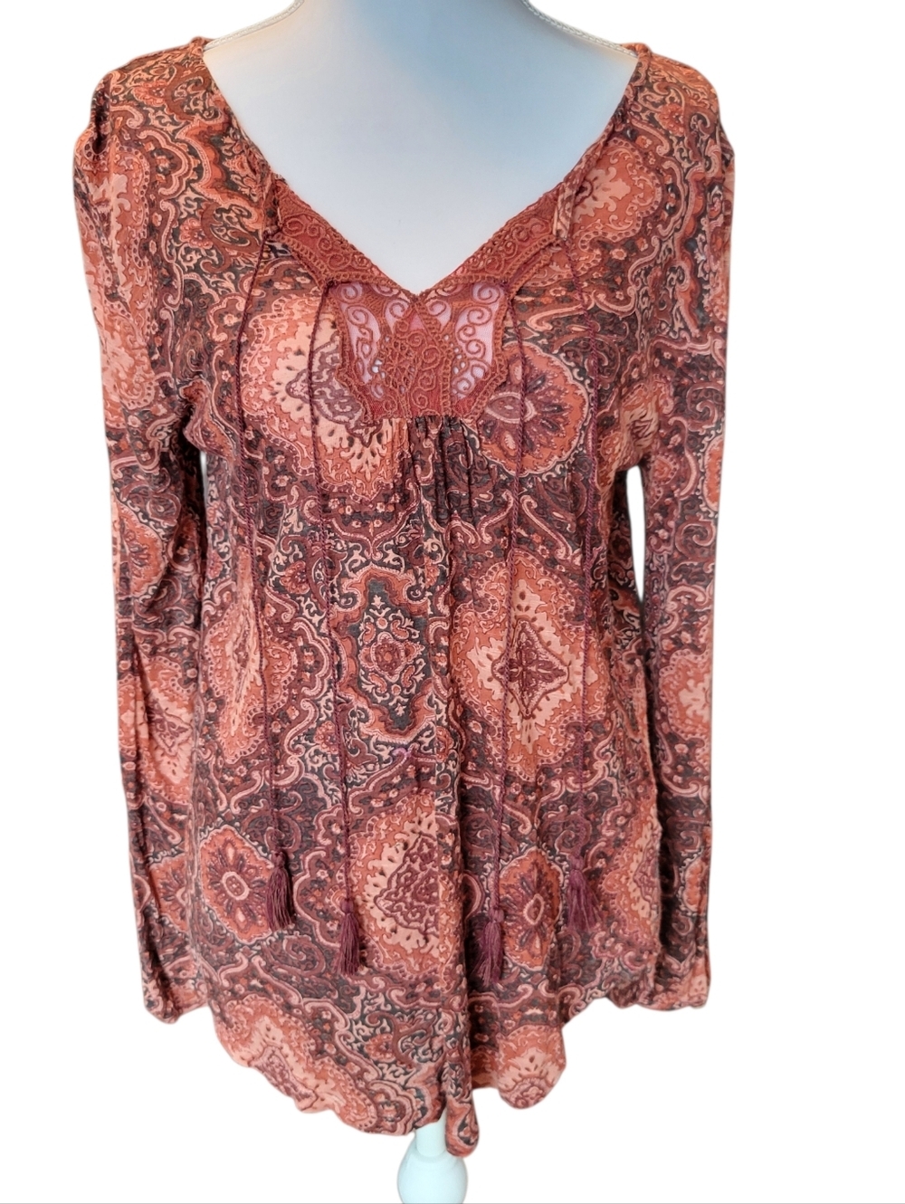 Lucky Brand Long Sleeve With Cutouts Vneck Boho Peasant Top Blouse